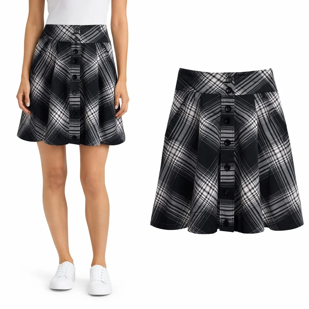H&M Black White Plaid Button Front A-Line Mini Skirt Size 2 High Rise‎ Flared